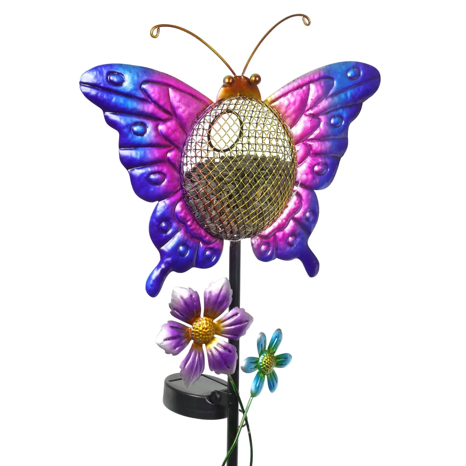 Solar Hand Painted Butterfly Metal Mesh Pellet Bird Feeder Garden Stake, 12.5 by 36 Inches