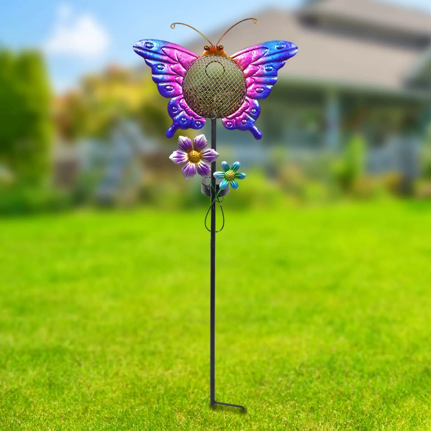 Solar Hand Painted Butterfly Metal Mesh Pellet Bird Feeder Garden Stake, 12.5 by 36 Inches