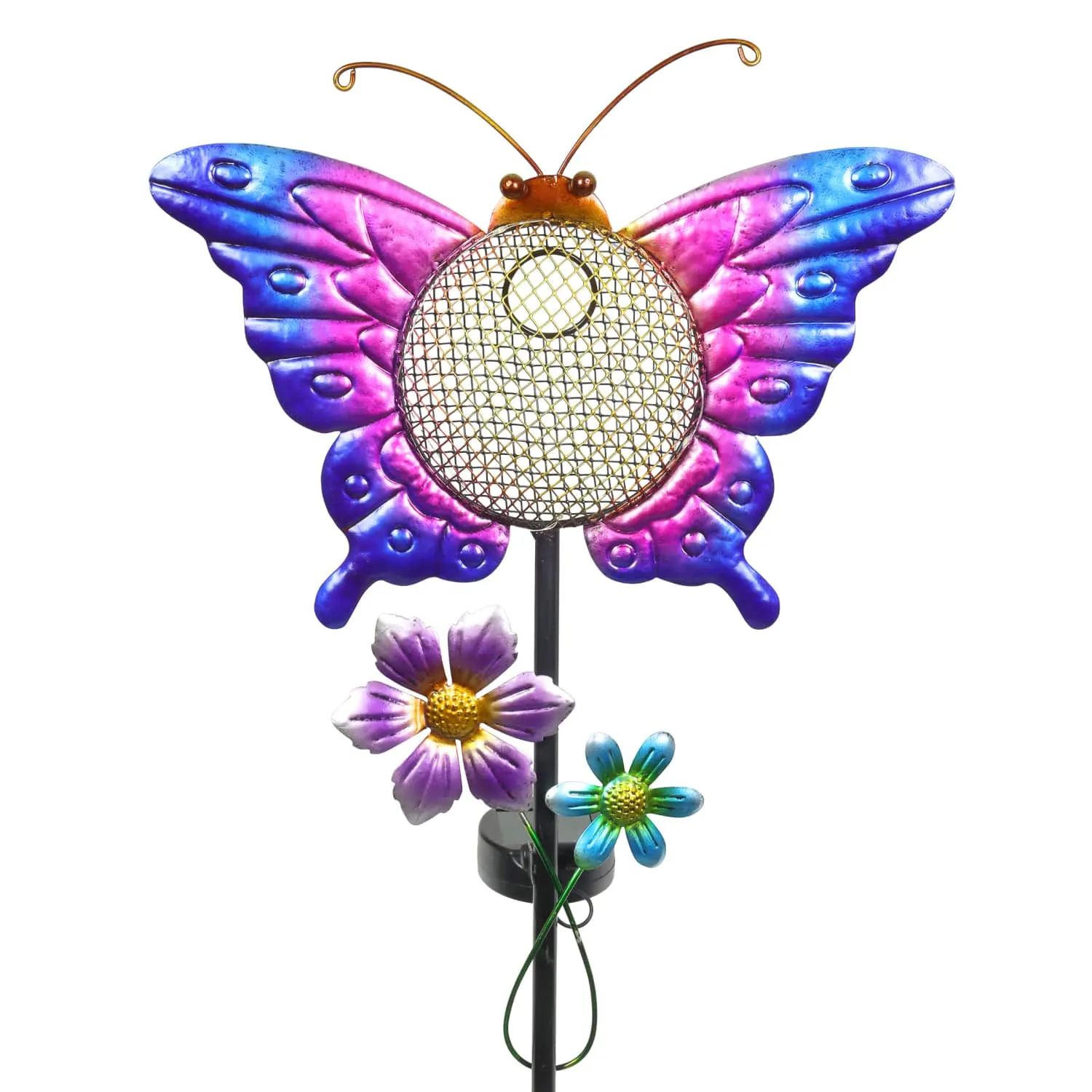 Solar Hand Painted Butterfly Metal Mesh Pellet Bird Feeder Garden Stake, 12.5 by 36 Inches