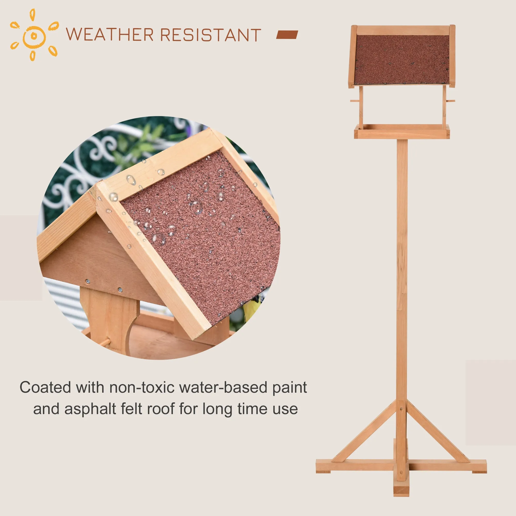 Wooden Bird Feeder Table Freestanding with Weather Resistant Roof Cross-shaped Support Feet for Backyard Pre-cut 55 x 55 x 144cm Natural